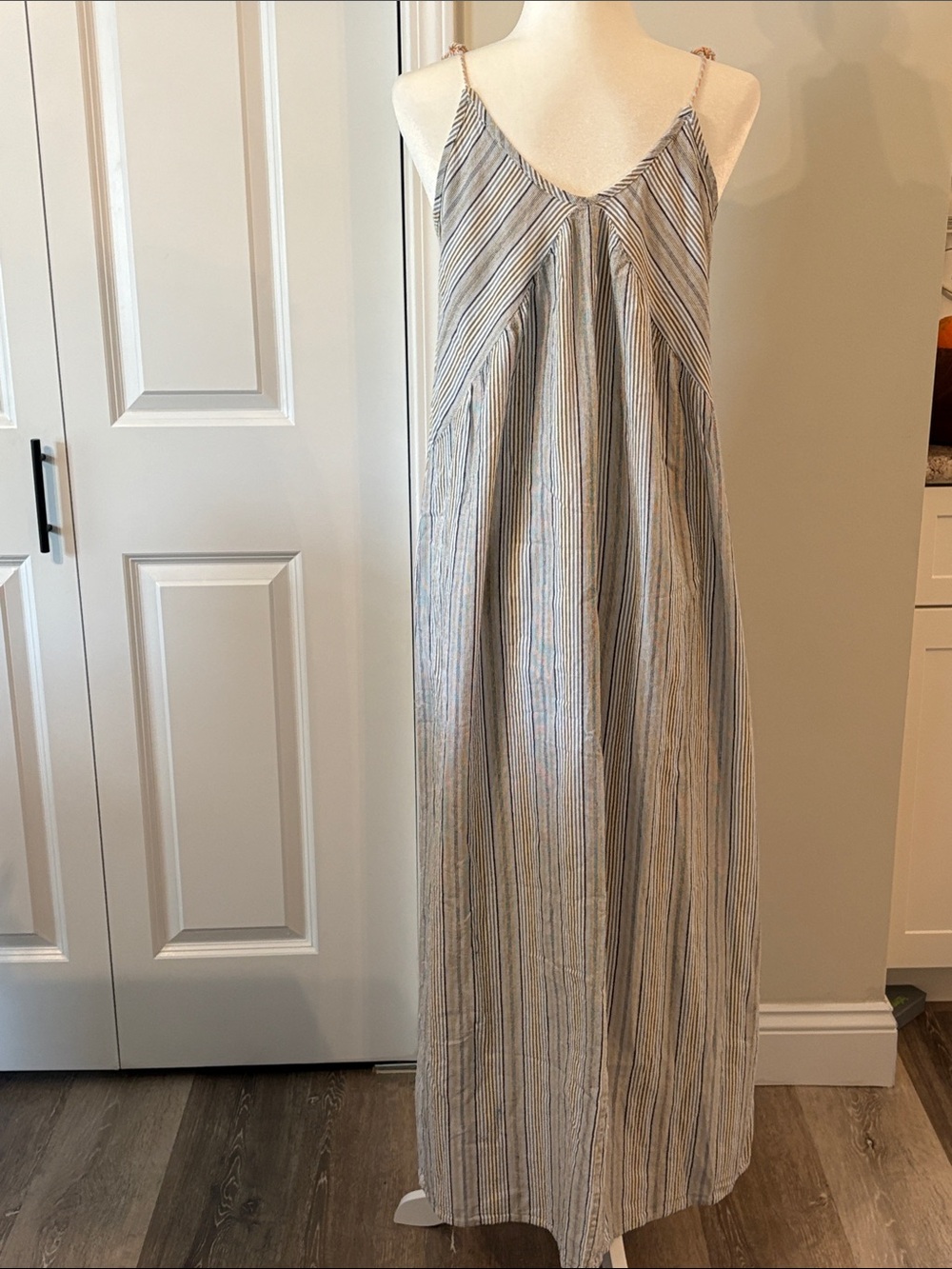 Altr’d State Striped Maxi SunDress w Tassel Shoulder Ties - Blue, White & Brown - Picture 4 of 8